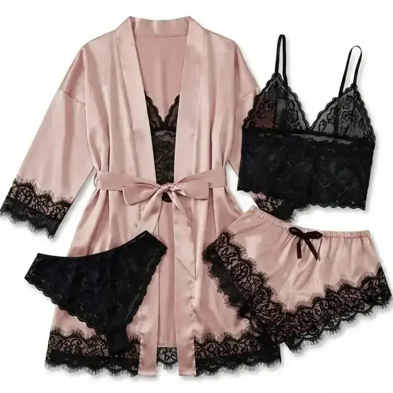 Bathrobe - ชุดนอนผ้าซาตินสำหรับผู้หญิง 4 ชิ้น – ประกอบด้วยเสื้อแขนสั้น, ดีไซน์เซ็กซี่,